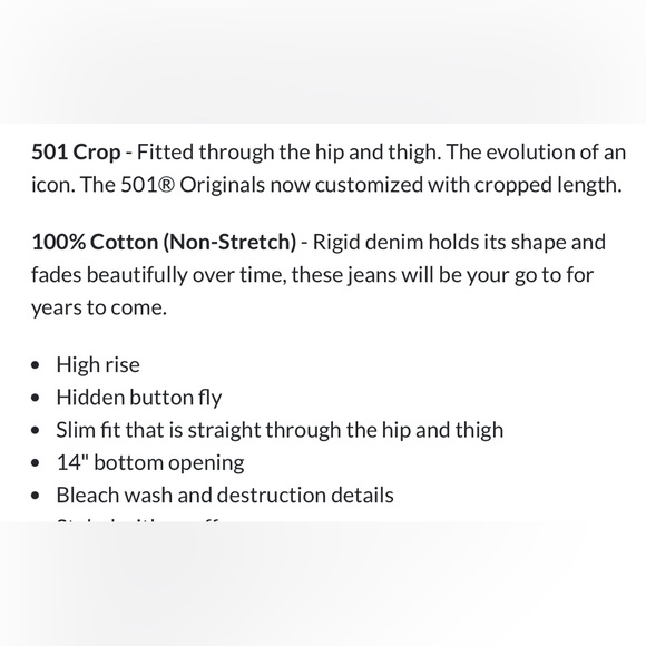 NWT Levi’s 501 Original Cropped Jeans in Athens Ranks Rigid Cotton - Picture 13 of 14